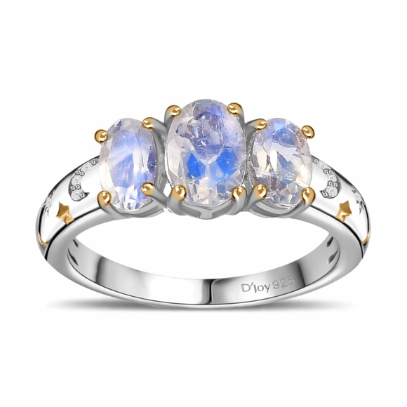 Moon Glow Moonstone, White Zircon Moon and Star Ring - Picture 1 of 6